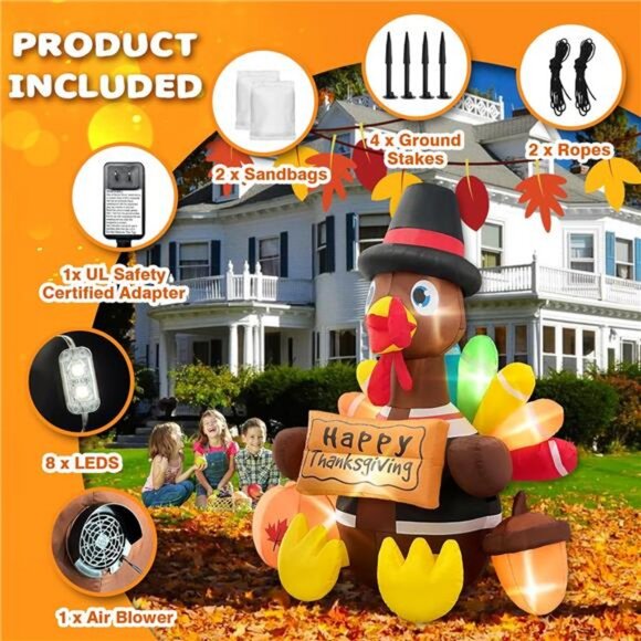 6FT Thanksgiving Inflatables Turkey Blow Up with Built-in Led Lights for Outdoor - Picture 3 of 7